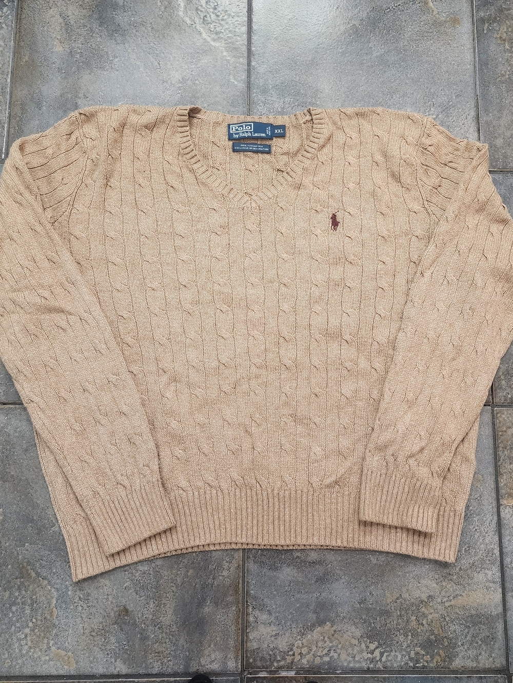 Vintage 90s Polo Ralph Lauren Men's 2XL Tussah Silk Cable Knit V Neck Sweater